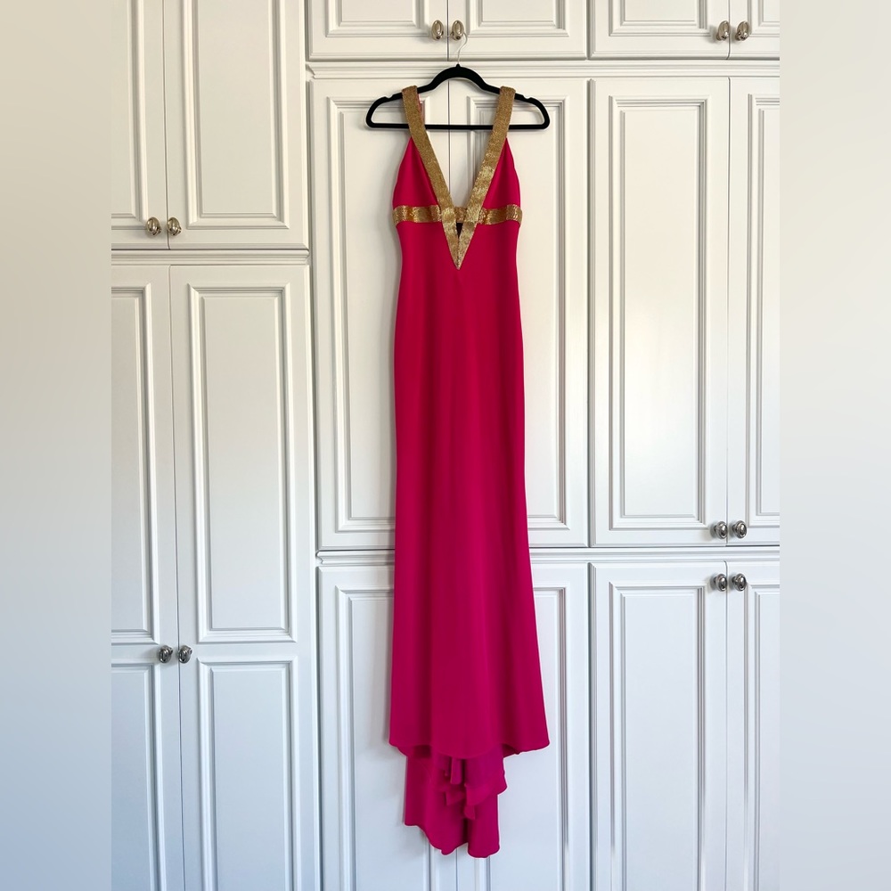 Jovani Beaded Plunge Fuchsia Pink Gown